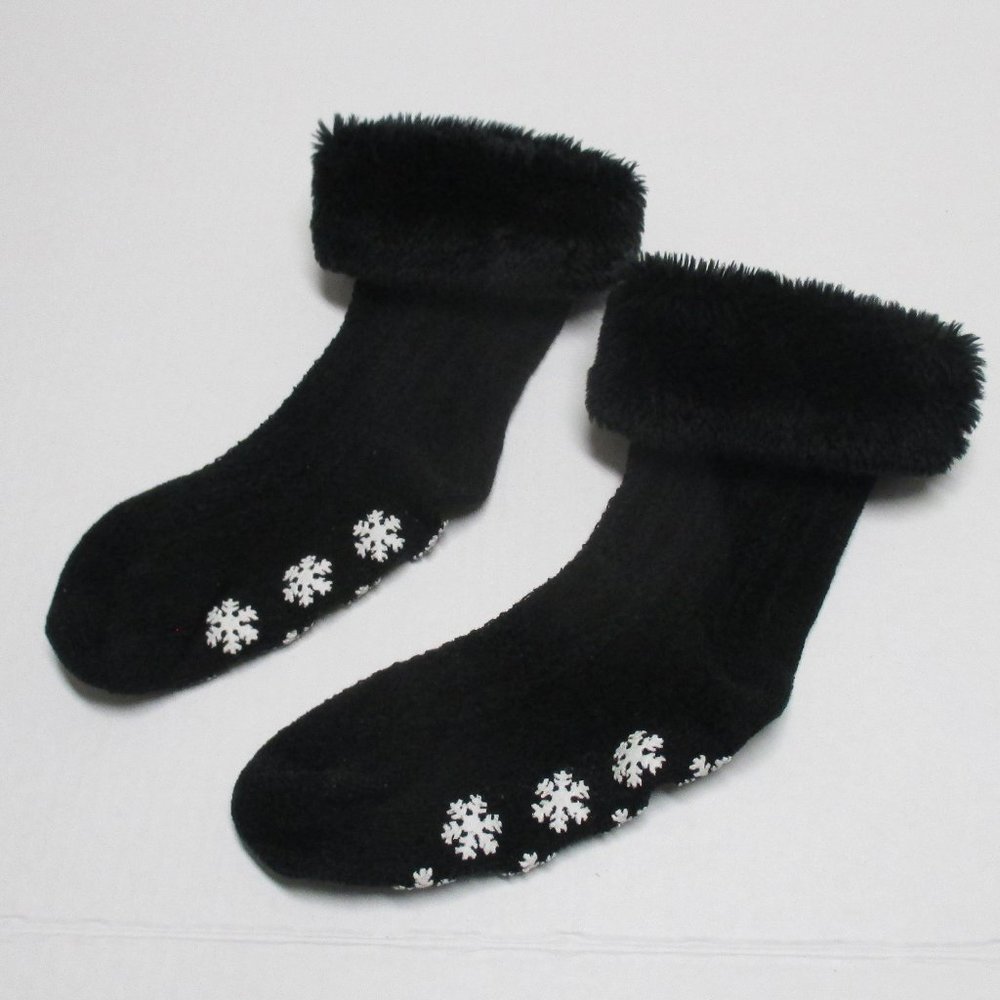 Socks - Black Soft Fuzzy Socks with White Snowflake Rubber Scuff Bottoms